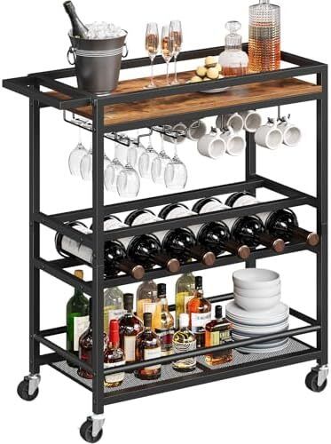 3-Tier Drinks Trolley on Wheels, Kitchen Serving Trolleys with Wine Rack, Rolling Beverage Cart with Shelves and Handle