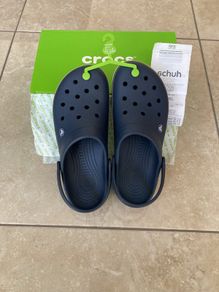 Crocs (Crocband) - navy with brown and white band  (Men's U.K. size 10).