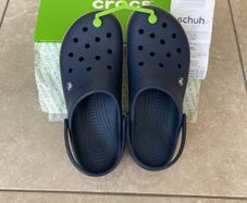 Crocs (Crocband) - navy with brown and white band  (Men's U.K. size 10).