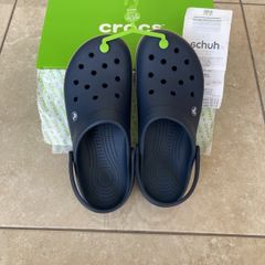 Crocs (Crocband) - navy with brown and white band  (Men's U.K. size 10).