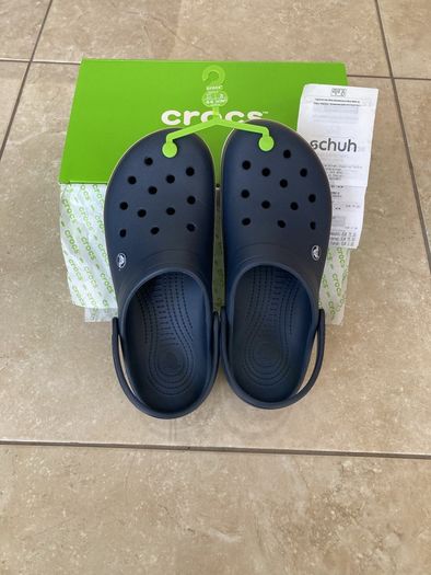 Crocs (Crocband) - navy with brown and white band  (Men's U.K. size 10).