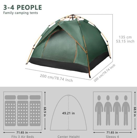 Hydraulic Dome Tent Canopy for Camping Automatic Waterproof Tents 3-4 Person Canopy Easy to Set up MULTIPLE COLOURS AVAILABLE (FREE POSTAGE)