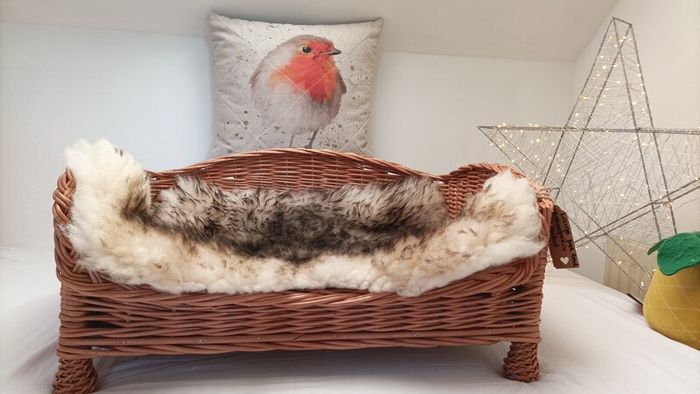 cat bed, dog bed, wicker basket with sheepskin rug included