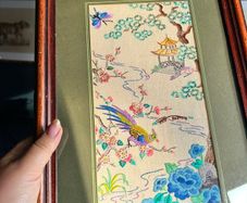 Vintage Chinese Embroidery Framed Bird & Floral Textile Art