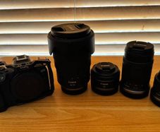 Canon EOS R series camera with 4 lenses and SmallRig cage