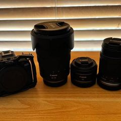 Canon EOS R series camera with 4 lenses and SmallRig cage