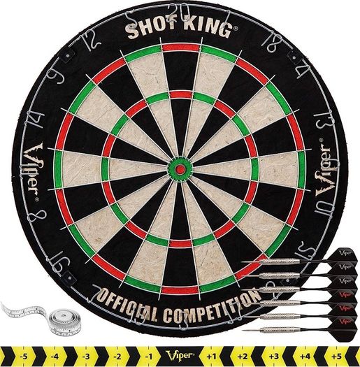 NEW SALE | Regulation Bristle Steel Tip Dartboard Set with Staple-Free Bullseye, Galvanized Metal Radial Spider Wire Includes 6 Darts, Black, 17.75 inch