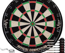 NEW SALE | Regulation Bristle Steel Tip Dartboard Set with Staple-Free Bullseye, Galvanized Metal Radial Spider Wire Includes 6 Darts, Black, 17.75 inch