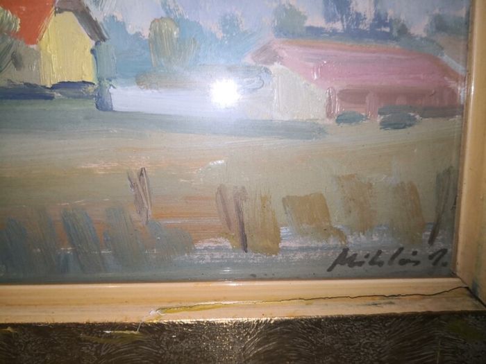Vintage oil painting of a village