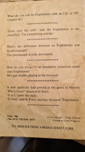 Vintage 1978 Englishman Jokes For Irishmen. By Des Machale. Printed By Mercier Press Dublin. First Edition Paperback In Good Condition.
