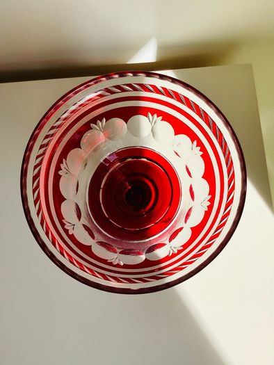 Vintage Bohemian Ruby Flash Cut Crystal Glass Pedestal Bowl