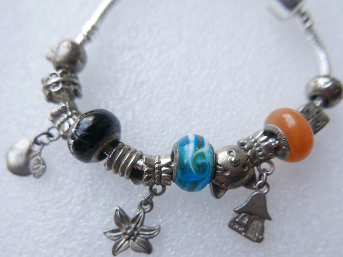 Vintage 925 Silver Charm Bracelet with Murano Glass Beads , Colorful Handmade Silver Bead Bracelet