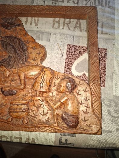 Beautiful Large Old Hand-Carved Wood Panel Indonesian Rural Village Life Scene Sculpture. Post Available, Beautifully carved from a single piece of wood Ideal for Home or Stage Movie Props