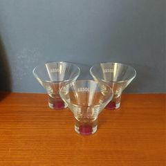 Fabulous Set of Three Vintage Rare Collectable Absolut Vodka "Absolutini" Cocktail/Martini Glasses with Burgundy Base Inserts, Excellent Condition