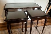 Vintage Nest of 3 Carved Wooden and Glass Side Tables