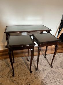 Vintage Nest of 3 Carved Wooden and Glass Side Tables