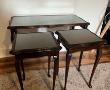 Vintage Nest of 3 Carved Wooden and Glass Side Tables