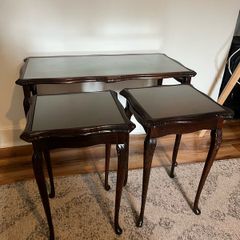 Vintage Nest of 3 Carved Wooden and Glass Side Tables