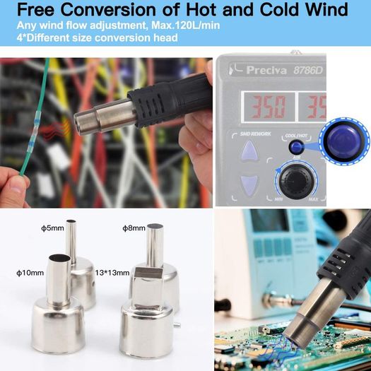 2-in-1 Hot Air Gun Rework and Soldering Iron Station, Cold/Hot Air Conversion, Soldering Iron Station with Digital Temperature Correction and Sleep Function