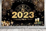 Happy New Year Banner 2023, Extra Large Fabric Happy New Years Backdrop for Decorations, 72 x 44 Inch Black Gold Fireworks Photo Booth Background Banner for New Year's Eve Party Supplies (FREE POSTAGE)