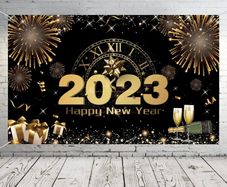 Happy New Year Banner 2023, Extra Large Fabric Happy New Years Backdrop for Decorations, 72 x 44 Inch Black Gold Fireworks Photo Booth Background Banner for New Year's Eve Party Supplies (FREE POSTAGE)