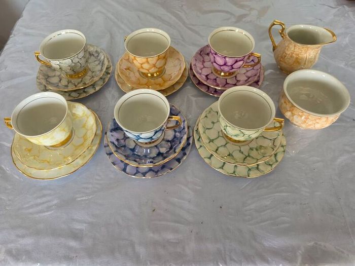 Vintage Romanian Porcelain Teacups, Saucers, Side Plates, Sugar Bowl & Milk Jug
