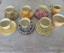 Vintage Romanian Porcelain Teacups, Saucers, Side Plates, Sugar Bowl & Milk Jug