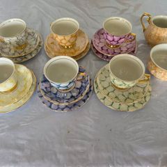 Vintage Romanian Porcelain Teacups, Saucers, Side Plates, Sugar Bowl & Milk Jug