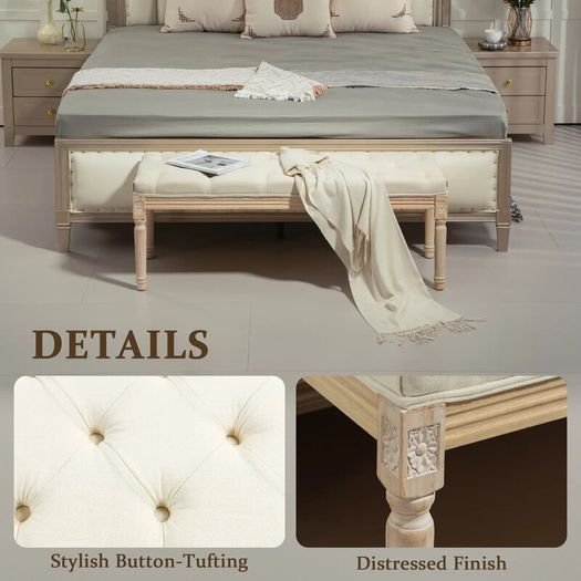 French Style Vintage Wooden Bench, Cream White Tufted Upholstered Seat, Classic Carved Wood Frame for Bedroom, Hallway & Entryway