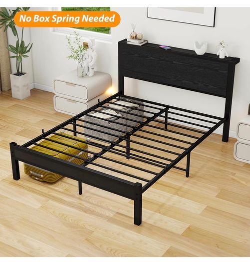 Double Bed Frame with Wooden Storage Shelf Headboard, Metal Platform Bed Frame Double Bed, No Box Spring Needed, Enhanced Support, Black