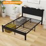 Double Bed Frame with Wooden Storage Shelf Headboard, Metal Platform Bed Frame Double Bed, No Box Spring Needed, Enhanced Support, Black Image 6
