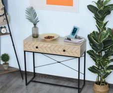 Embossed Arrow Side Table w/ 2 Drawers Metal Frame Handles Back Bar Tabletop Unique Home Style Storage End Console