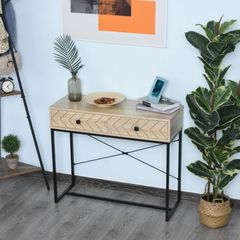 Embossed Arrow Side Table w/ 2 Drawers Metal Frame Handles Back Bar Tabletop Unique Home Style Storage End Console