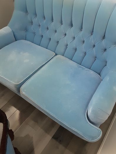 Blue velvet Dutch buttoned sofa immaculate condition