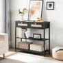 Rattan-Like Black Console Table, 3-Tier Hallway Table with 2 Flip-Down Drawers and Storage Shelves, 80 cm, Open and Hidden Storage Space, Woven Decoration, Black Image 6