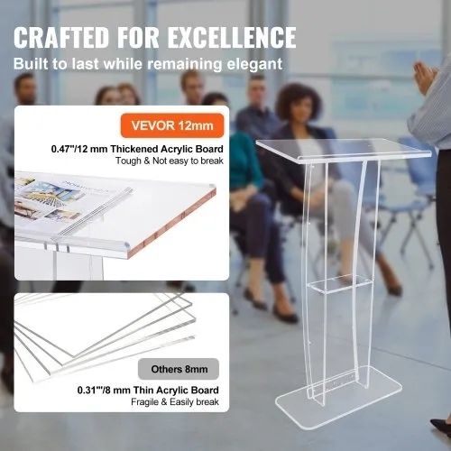 Acrylic Podium, 119 cm Tall, Clear Acrylic Podium Stand with Wide Reading Surface & Storage Shelf, Floor-standing Clear Pulpits Acrylic for Church
