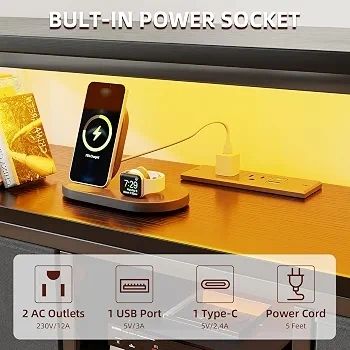 110cm TV Stand, TV Cabinet with Power Outlets & LED Light, 4 Fabric Drawers TV Unit for TVs Up to 55 inch, Entertainment Center for Living Room, Bedroom, Black