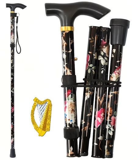 Folding Walking Stick, Floral Black