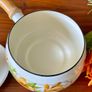 Vintage Enamel Lidded Saucepan Pot with Wooden Handle Autumnal Leaf Design Image 5