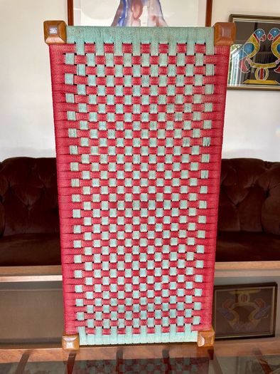 Rare Vintage Long Sugan Style Ottoman Stool Bench Woven with Red Green Cotton Rope
