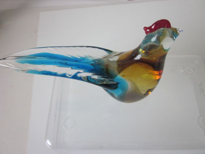 Pair of Hand Blown Multicoloured Art Glass Rooster Figurines