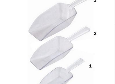 Lot of 3 clear plastic scoops for sweets, pop corn, grain, ice scoop ideal for any party, celebration. Set of 3 scoops