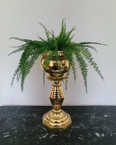Antique pair of brass pedestal jardinieres