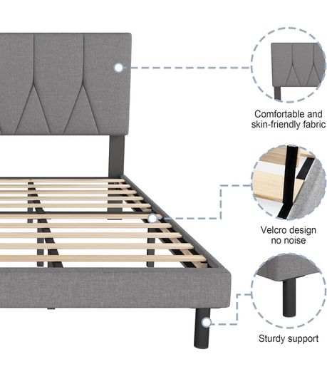 Double Bed Frame, Light Grey, Upholstered Wooden Slat Bed Frame with Headboard