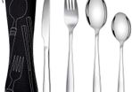 Cutlery Set with Portable Pouch Case, Stainless Steel Flatware Camping Utensil Set with Neoprene Bag for Outdoor Travel Picnic Office School Lunch Box (4 Pcs Black)