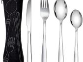 Cutlery Set with Portable Pouch Case, Stainless Steel Flatware Camping Utensil Set with Neoprene Bag for Outdoor Travel Picnic Office School Lunch Box (4 Pcs Black)