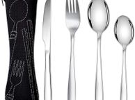 main image for ad Cutlery Set with Portable Pouch Case, Stainless Steel Flatware Camping Utensil Set with Neoprene Bag for Outdoor Travel Picnic Office School Lunch Box (4 Pcs Black)