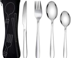Cutlery Set with Portable Pouch Case, Stainless Steel Flatware Camping Utensil Set with Neoprene Bag for Outdoor Travel Picnic Office School Lunch Box (4 Pcs Black)