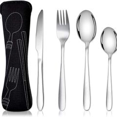 Cutlery Set with Portable Pouch Case, Stainless Steel Flatware Camping Utensil Set with Neoprene Bag for Outdoor Travel Picnic Office School Lunch Box (4 Pcs Black)