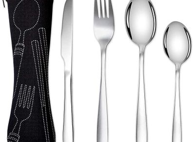 Cutlery Set with Portable Pouch Case, Stainless Steel Flatware Camping Utensil Set with Neoprene Bag for Outdoor Travel Picnic Office School Lunch Box (4 Pcs Black)